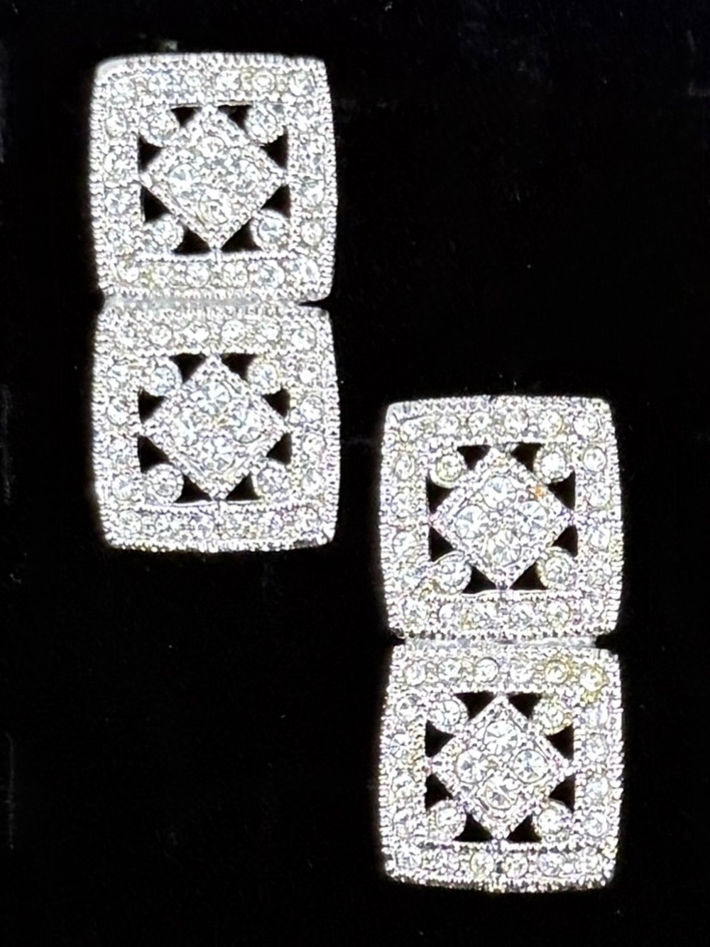 Vintage art deco, Silvertone bling square weighted pierced earrings